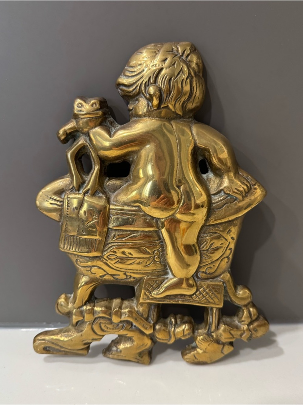 Vintage Brass Boy with Frog Bathtub Wall Hanging